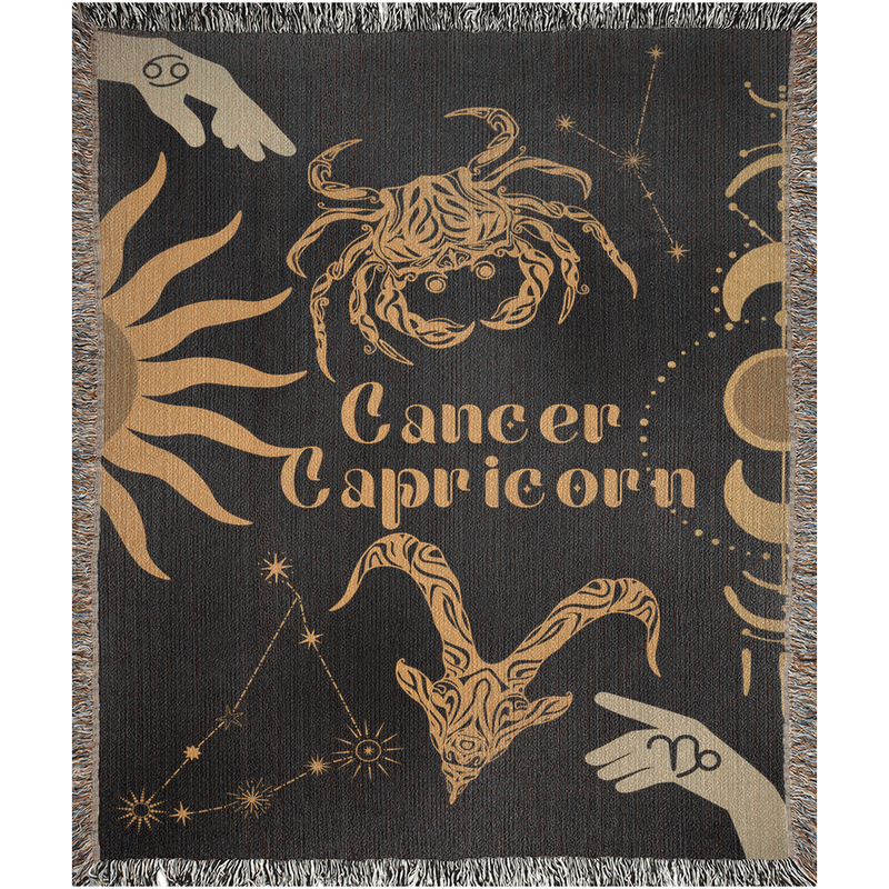 Cancer and Capricorn Zodiac Compatibility Woven Throw Tapestry - Elevate home decor with this boho-inspired, celestial charm blanket. Perfect for astrology enthusiasts, featuring Aries and Scorpio sun signs, adding unique, artistic flair to your living space. Premium cotton, cozy, and decorative.