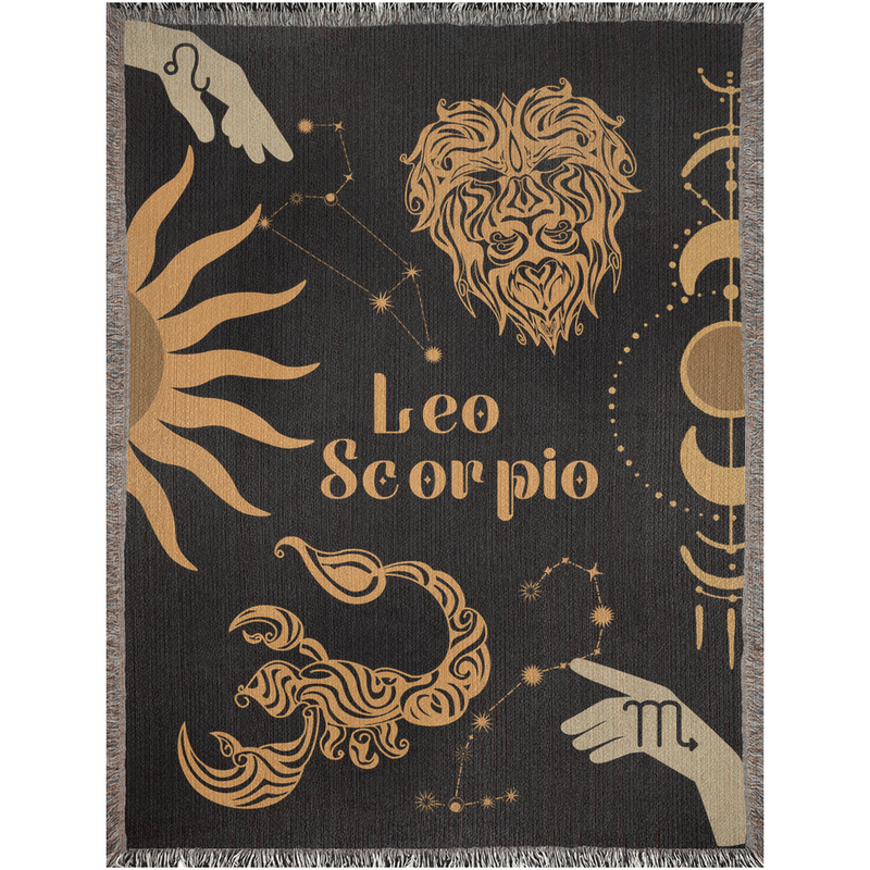 Leo and Scorpio Zodiac Compatibility Woven Throw Tapestry - Elevate home decor with this boho-inspired, celestial charm blanket. Perfect for astrology enthusiasts, featuring Leo and Scorpio sun signs, adding unique, artistic flair to your living space. Premium cotton, cozy, and decorative.