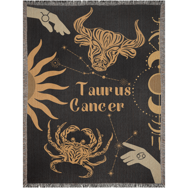 Cancer and Taurus Zodiac Compatibility Woven Throw Tapestry - Elevate home decor with this boho-inspired, celestial charm blanket. Perfect for astrology enthusiasts, featuring Cancer and Taurus sun signs, adding unique, artistic flair to your living space. Premium cotton, cozy, and decorative.