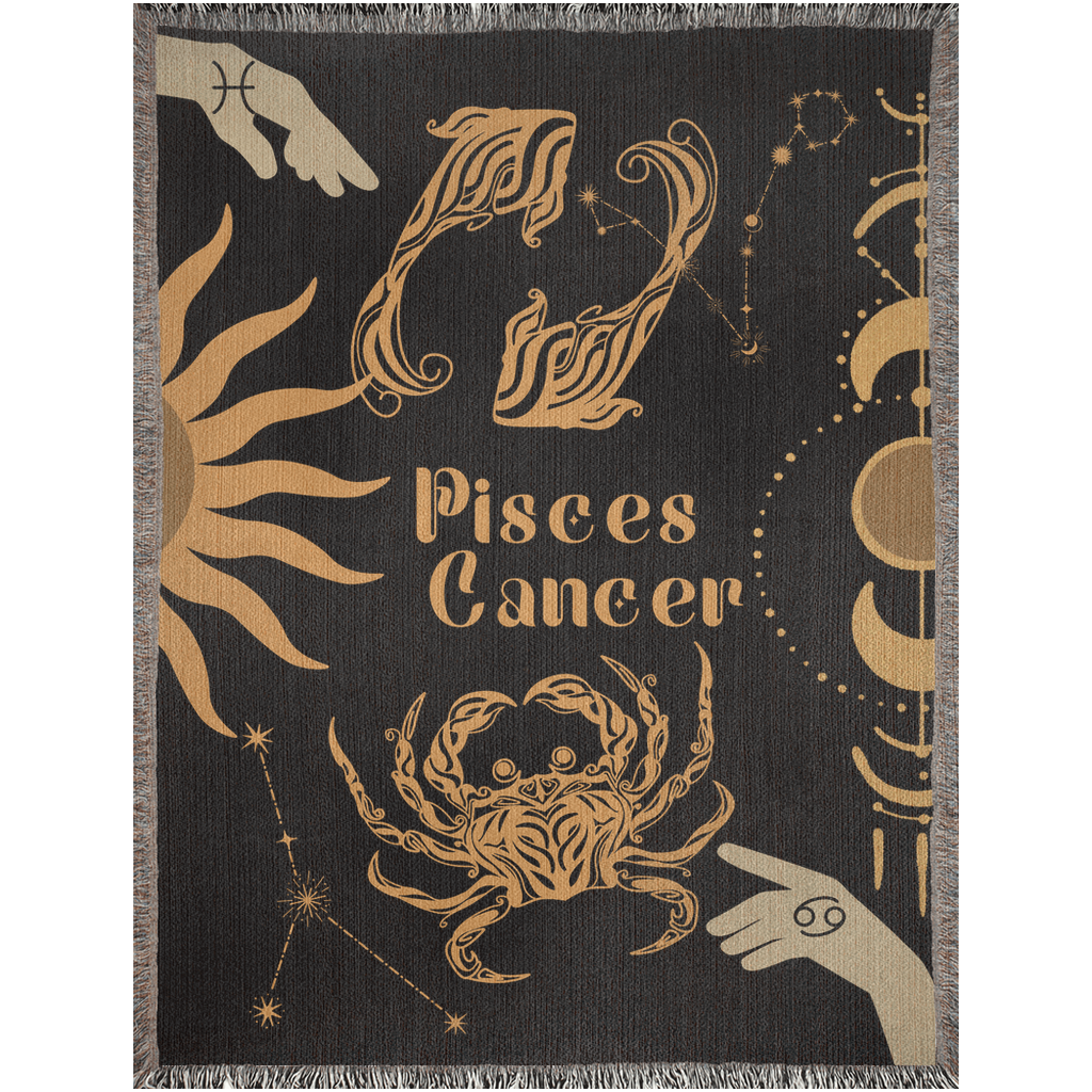 Cancer and Pisces Zodiac Compatibility Woven Throw Tapestry - Elevate home decor with this boho-inspired, celestial charm blanket. Perfect for astrology enthusiasts, featuring Cancer and Pisces sun signs, adding unique, artistic flair to your living space. Premium cotton, cozy, and decorative.