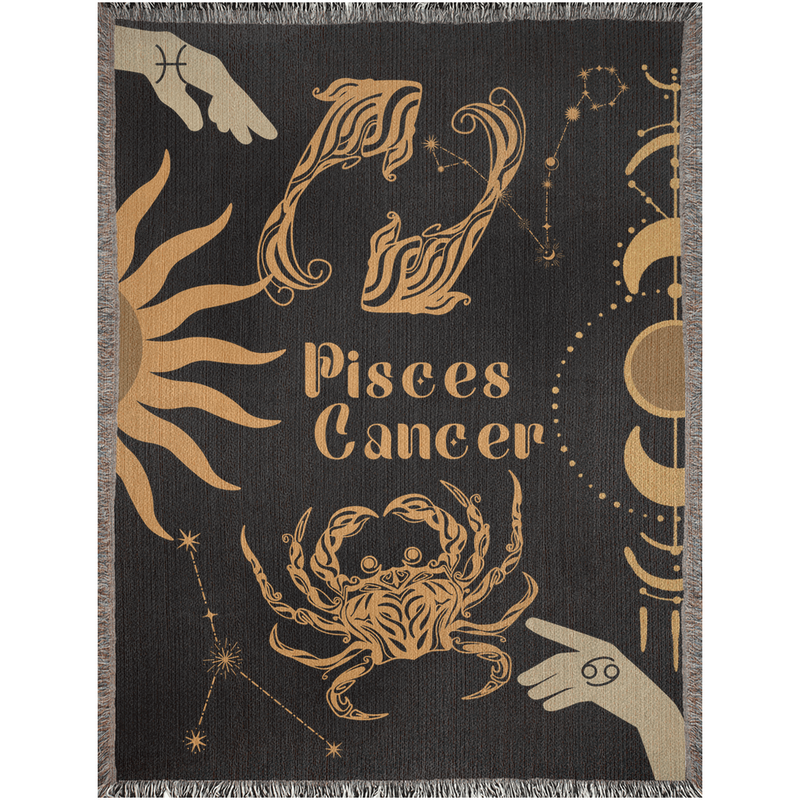 Cancer and Pisces Zodiac Compatibility Woven Throw Tapestry - Elevate home decor with this boho-inspired, celestial charm blanket. Perfect for astrology enthusiasts, featuring Cancer and Pisces sun signs, adding unique, artistic flair to your living space. Premium cotton, cozy, and decorative.