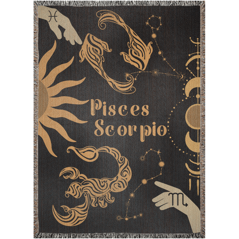 Pisces and Scorpio Zodiac Compatibility Woven Throw Tapestry - Elevate home decor with this boho-inspired, celestial charm blanket. Perfect for astrology enthusiasts, featuring Pisces and Scorpio sun signs, adding unique, artistic flair to your living space. Premium cotton, cozy, and 