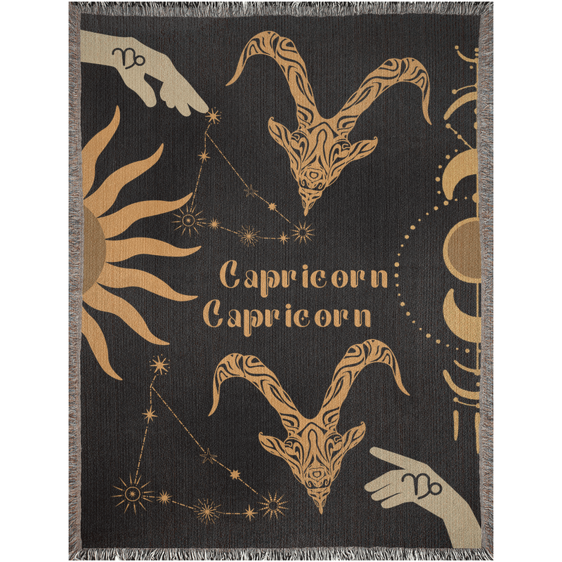 Capricorn and Capricorn Zodiac Compatibility Woven Throw Tapestry - Elevate home decor with this boho-inspired, celestial charm blanket. Perfect for astrology enthusiasts, featuring Capricorn and Capricorn sun signs, adding unique, artistic flair to your living space. Premium cotton, cozy, and decorative.