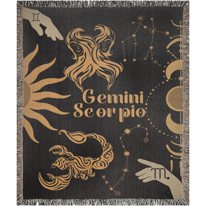 Gemini and Scorpio Zodiac Compatibility Woven Throw Tapestry - Elevate home decor with this boho-inspired, celestial charm blanket. Perfect for astrology enthusiasts, featuring Gemini and Scorpio sun signs, adding unique, artistic flair to your living space. Premium cotton, cozy, and decorative.