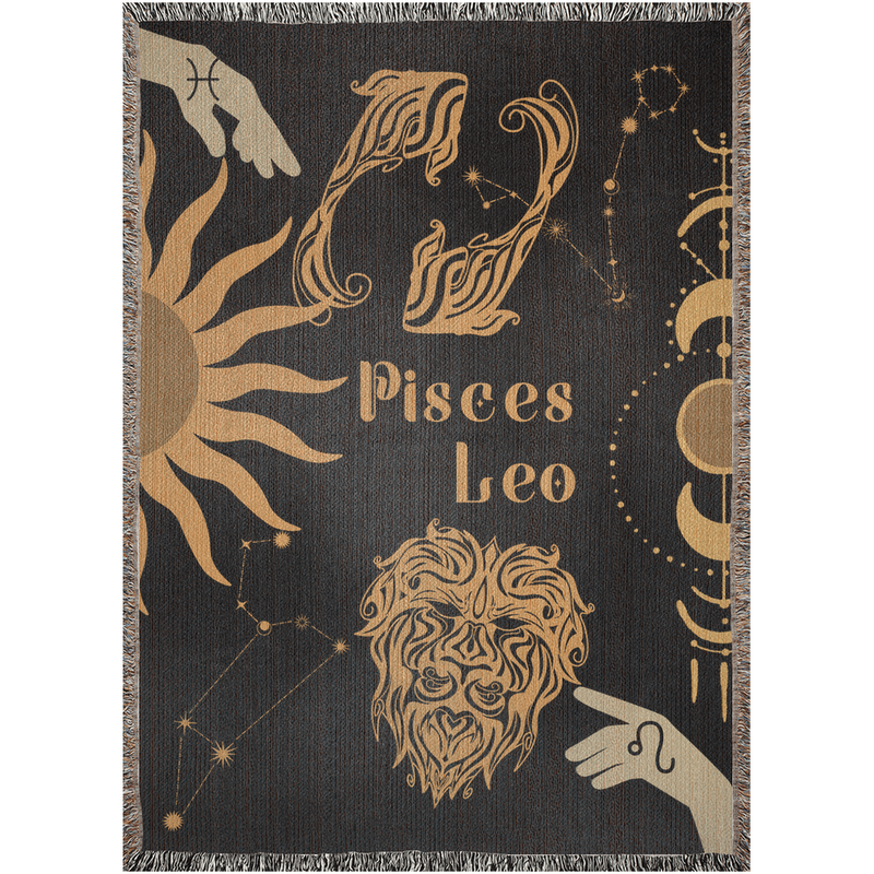 Leo and Pisces Zodiac Compatibility Woven Throw Tapestry - Elevate home decor with this boho-inspired, celestial charm blanket. Perfect for astrology enthusiasts, featuring Leo and Pisces sun signs, adding unique, artistic flair to your living space. Premium cotton, cozy, and decorative.