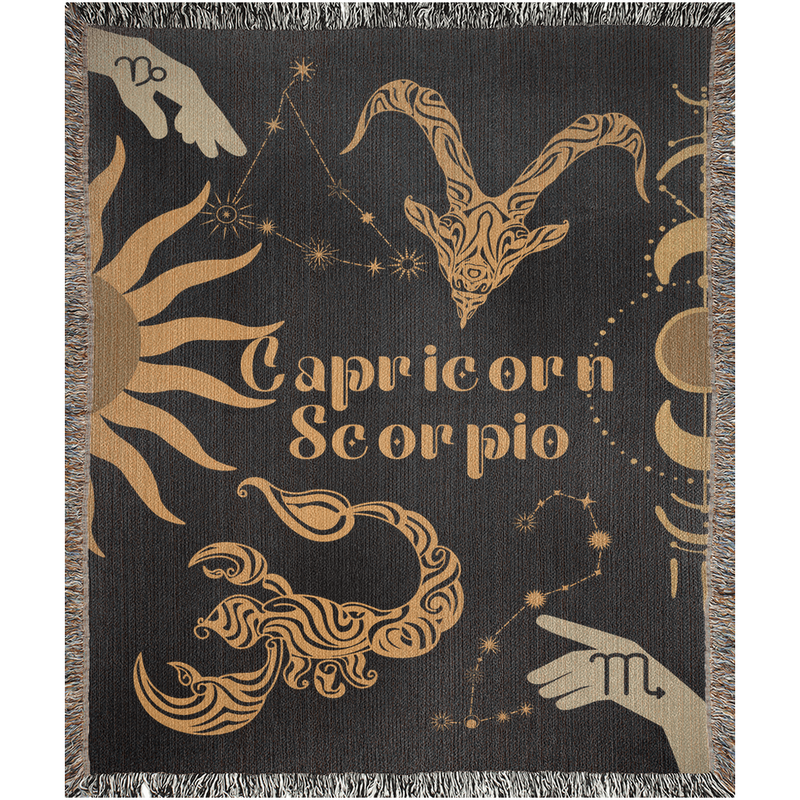 Capricorn and Scorpio Zodiac Compatibility Woven Throw Tapestry - Elevate home decor with this boho-inspired, celestial charm blanket. Perfect for astrology enthusiasts, featuring Capricorn and Scorpio sun signs, adding unique, artistic flair to your living space. Premium cotton, cozy, and decorative.