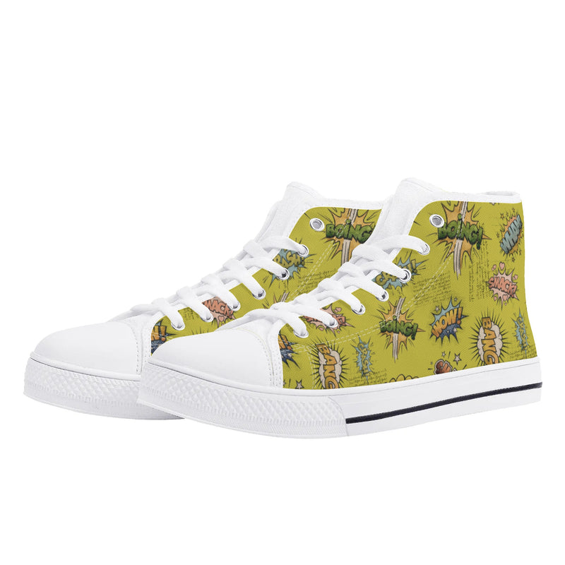 Canvas High Top Sneakers | Vintage Green | Unique Onomatopoeia Print | Retro Comic style