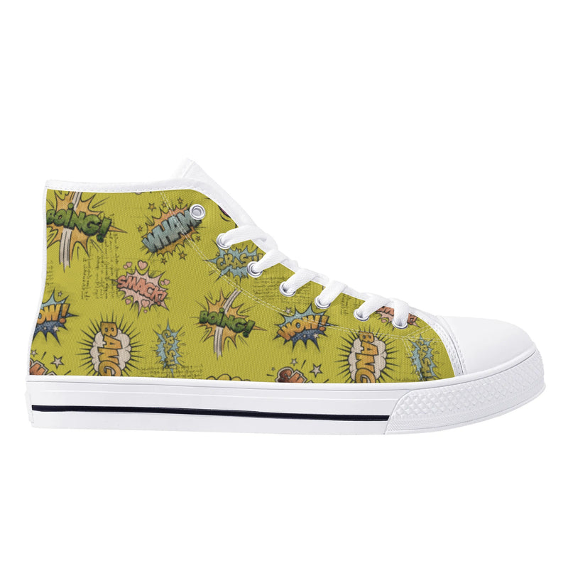 Canvas High Top Sneakers | Vintage Green | Unique Onomatopoeia Print | Retro Comic style