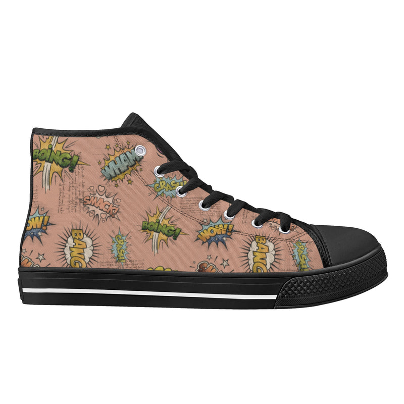 Canvas High Top Sneakers | Vintage Pink | Unique Onomatopoeia Print | Retro Comic style