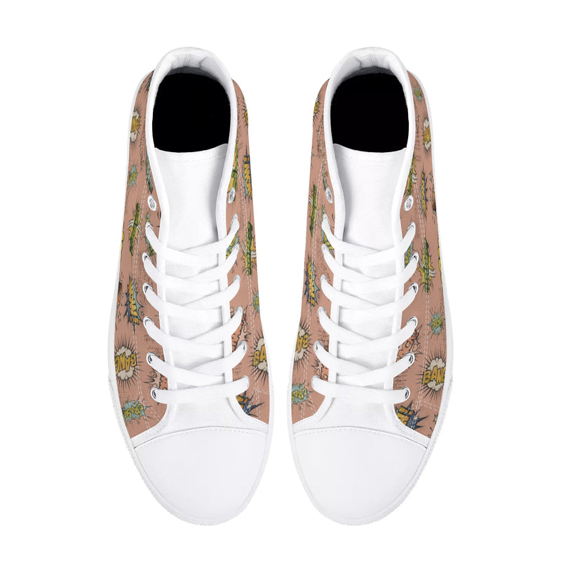 Canvas High Top Sneakers | Vintage Pink | Unique Onomatopoeia Print | Retro Comic style