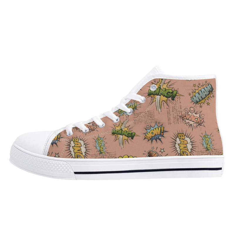 Canvas High Top Sneakers | Vintage Pink | Unique Onomatopoeia Print | Retro Comic style