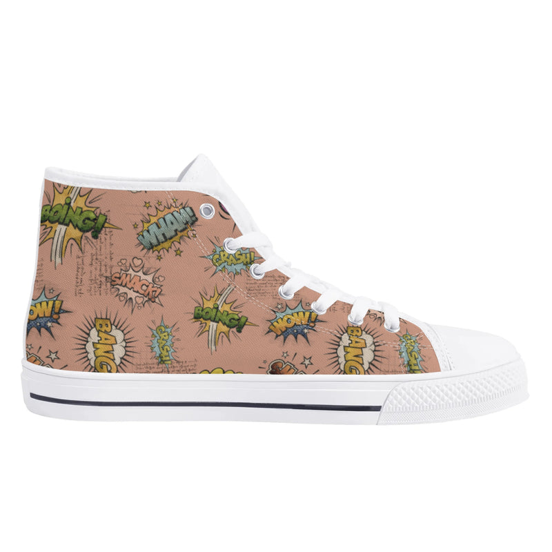 Canvas High Top Sneakers | Vintage Pink | Unique Onomatopoeia Print | Retro Comic style