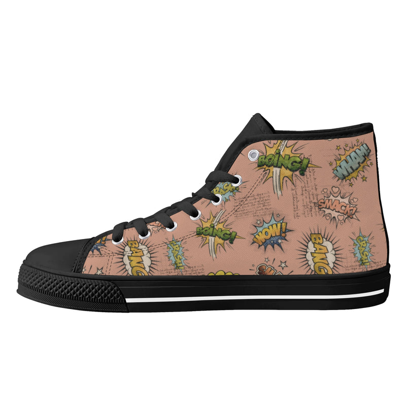 Canvas High Top Sneakers | Vintage Pink | Unique Onomatopoeia Print | Retro Comic style