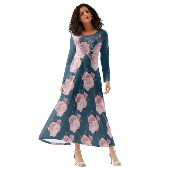 Fit and Flare Maxi Dress | Long Sleeves | Casual or Semi-Formal| Elegant Floral Party Dress | Pink Roses