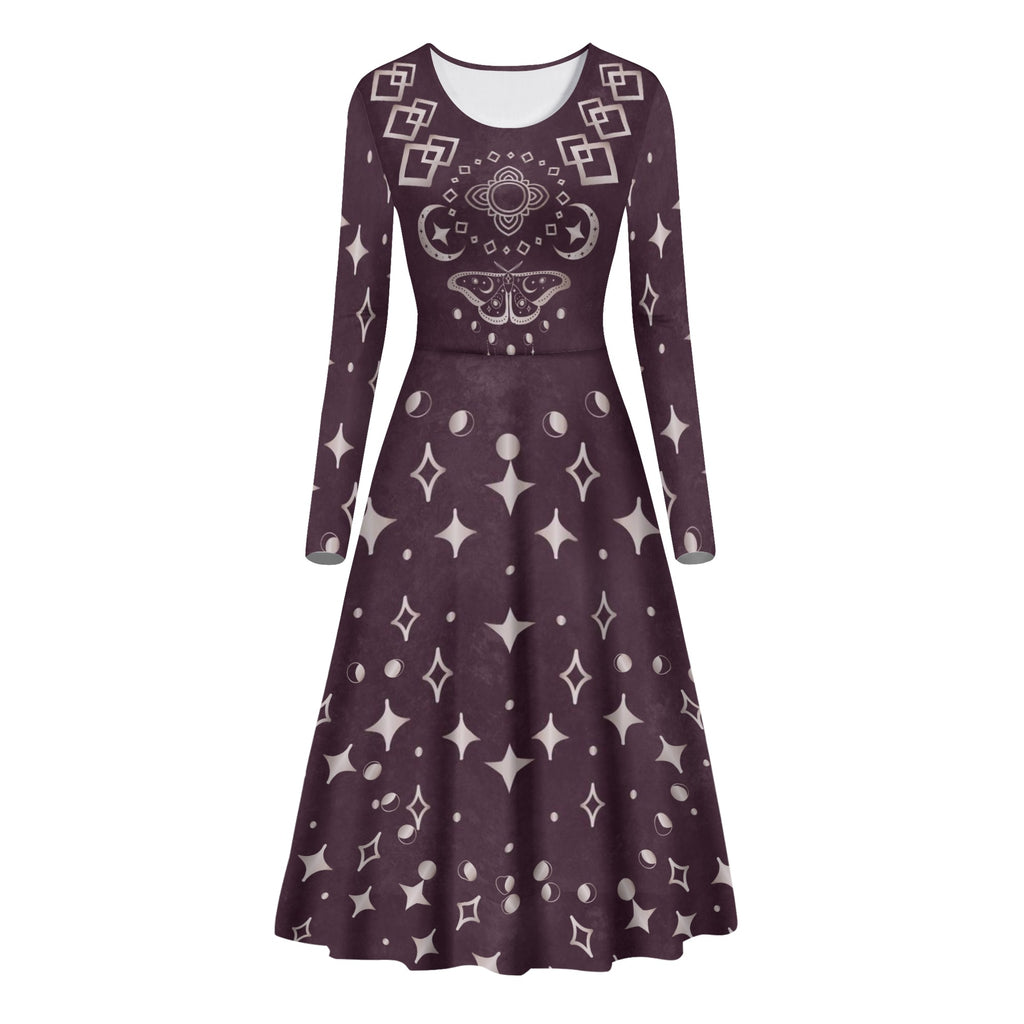 Fit and Flare Maxi Dress-Long Sleeves-Casual or Semi-Formal-Elegant Prom or Wedding Guest Dress | Burgundy Celestial Glory