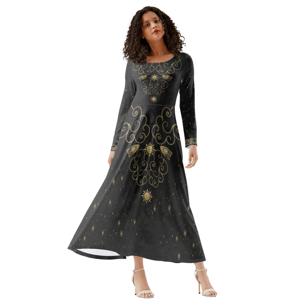 Fit and Flare Maxi Dress | Long Sleeves | Casual or Semi-Formal| Elegant Prom or Wedding Guest Dress | Celestial Gold & Black