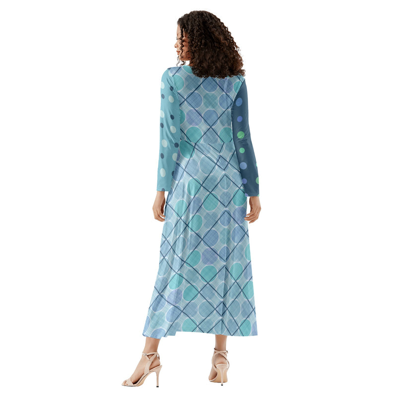 Fit and Flare Maxi Dress | Long Sleeves | Casual or Semi-Formal| Elegant Blue Dots & Checks Office or Work Dress |