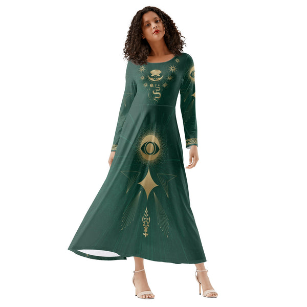 Fit and Flare Maxi Dress | Long Sleeves | Casual or Semi-Formal| Elegant Celestial Dress | Emerald Green