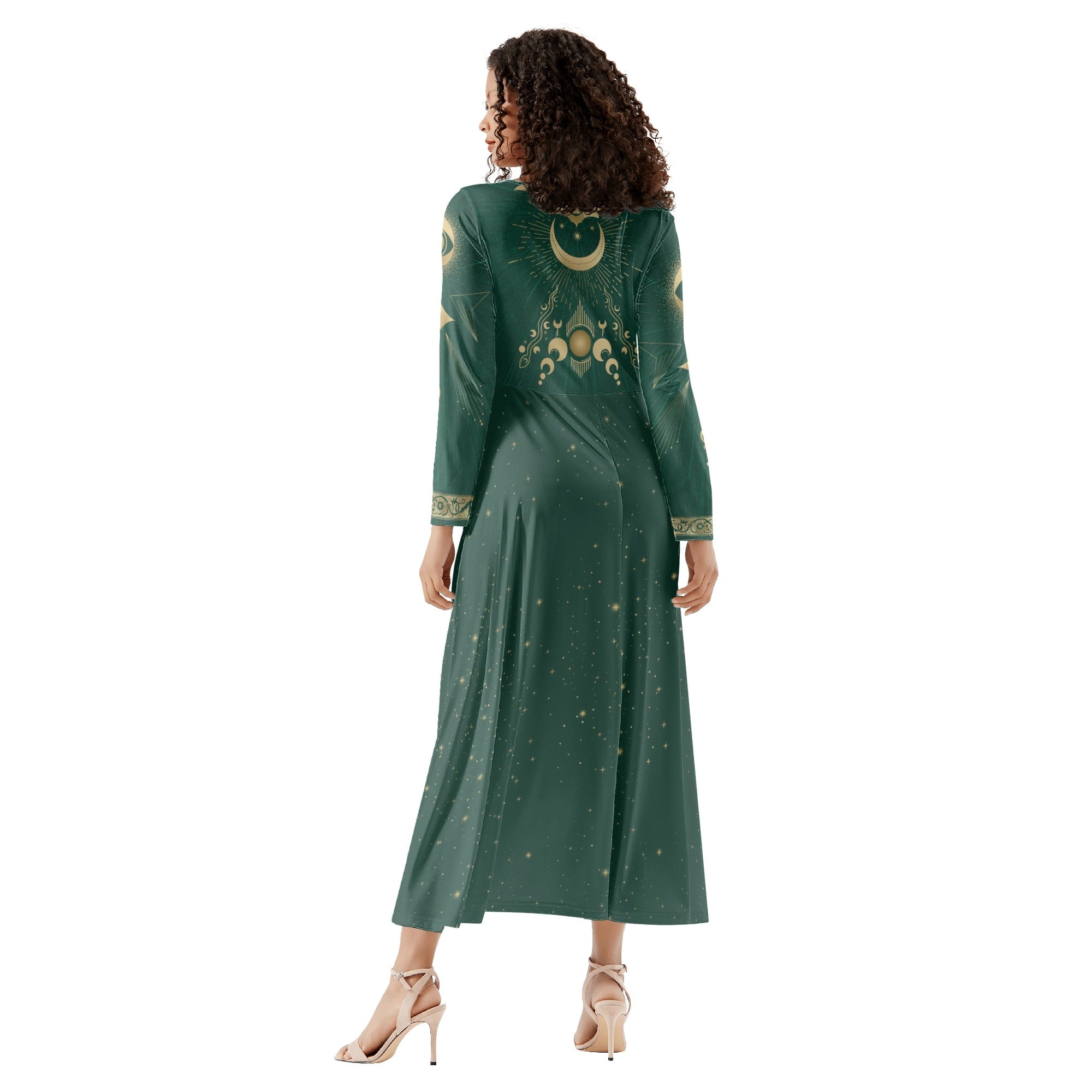 Fit and Flare Maxi Dress | Long Sleeves | Casual or Semi-Formal| Elegant Celestial Dress | Emerald Green