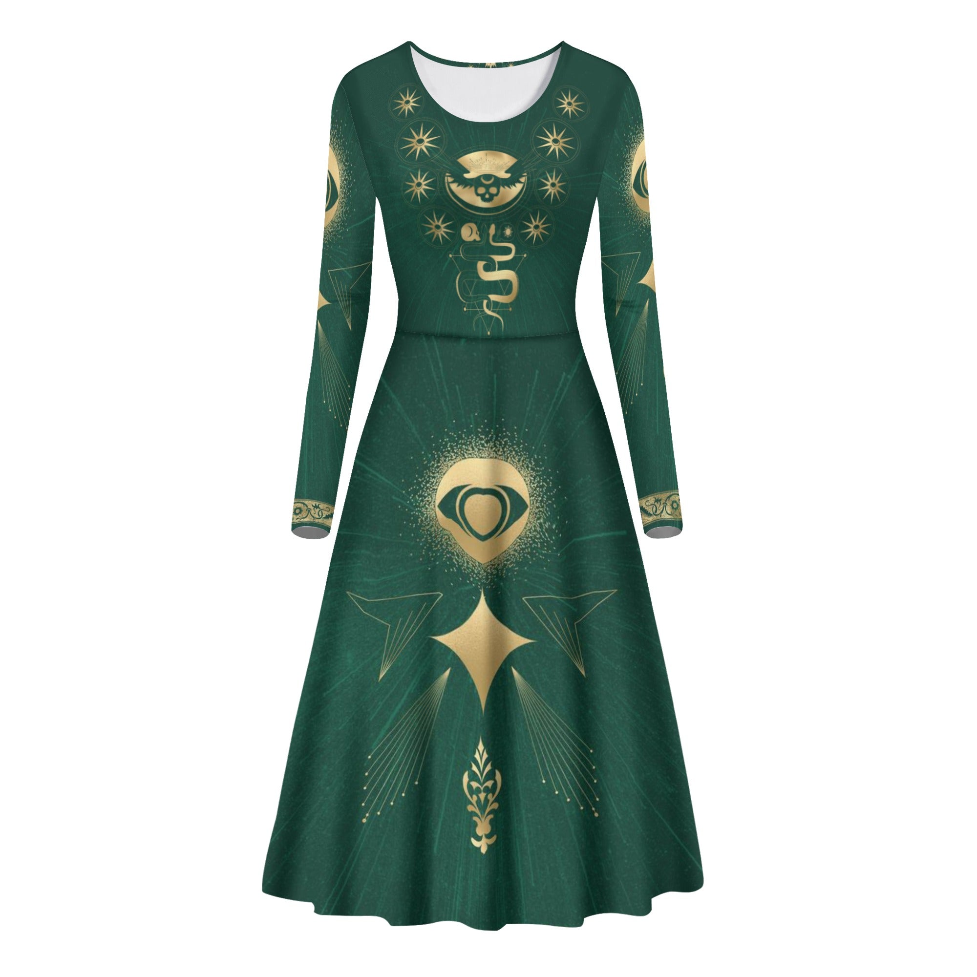 Fit and Flare Maxi Dress | Long Sleeves | Casual or Semi-Formal| Elegant Celestial Dress | Emerald Green