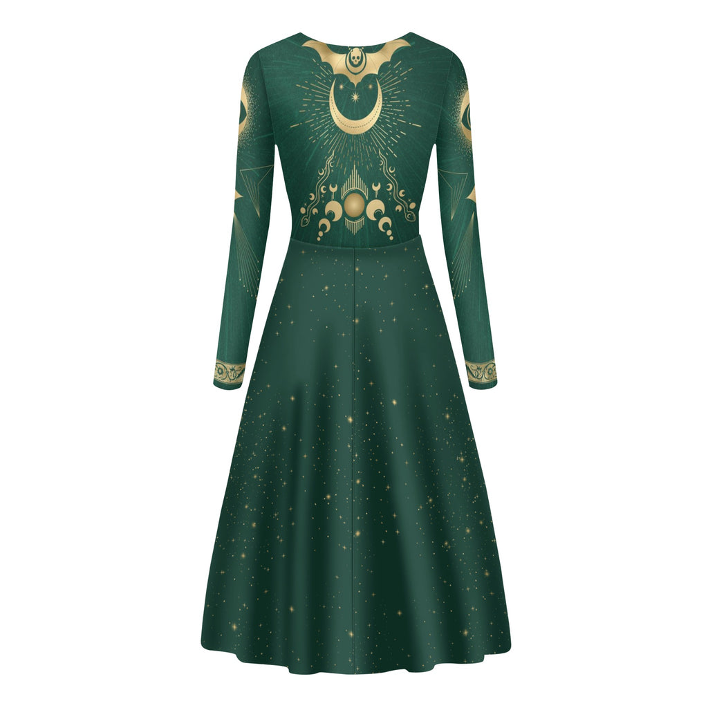 Fit and Flare Maxi Dress | Long Sleeves | Casual or Semi-Formal| Elegant Celestial Dress | Emerald Green