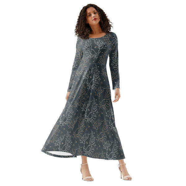 Fit and Flare Maxi Dress-Long Sleeves-Casual or Semi-Formal-Elegant Cottagecore Dress