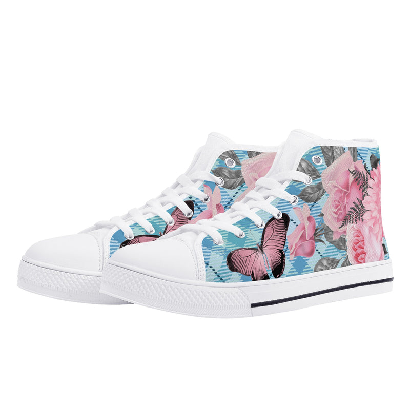 Canvas High Top Shoes for Women and Men.  Unique Aesthetic Pink Flowers on a blue check background- school high tops. 