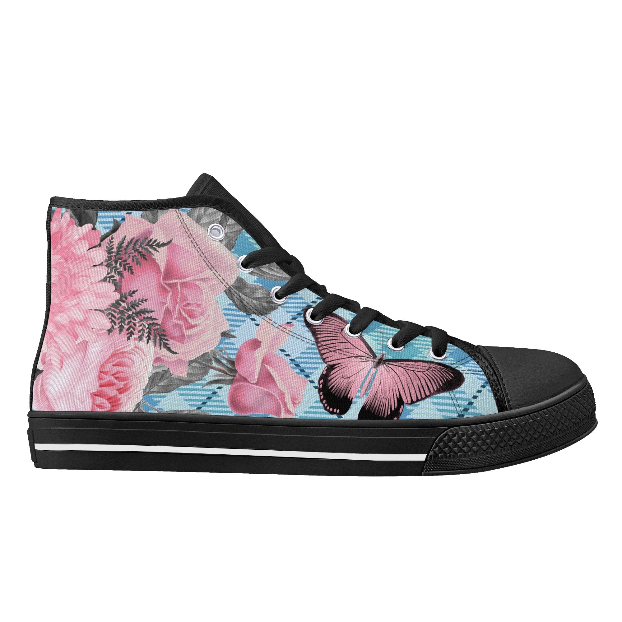 High Tops Sneakers | Middle & High school Students | Unique Aesthetic Pink Flowers on Blue Checks.