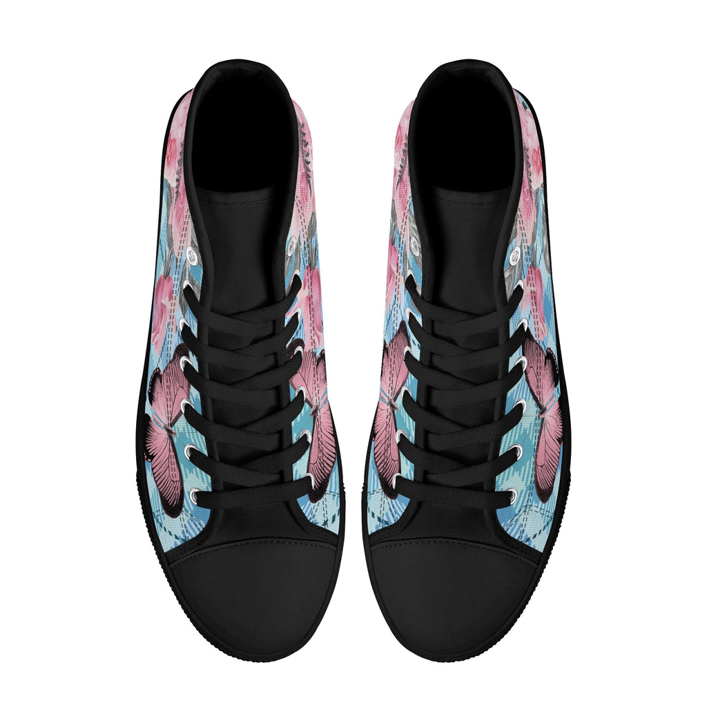 High Tops Sneakers | Middle & High school Students | Unique Aesthetic Pink Flowers on Blue Checks.