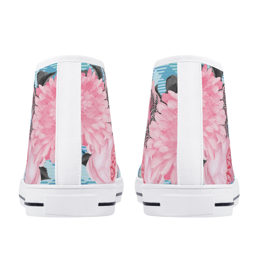 High Tops Sneakers | Middle & High school Students | Unique Aesthetic Pink Flowers on Blue Checks.