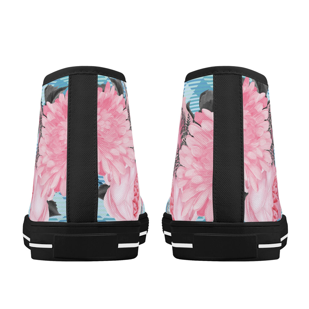 High Tops Sneakers | Middle & High school Students | Unique Aesthetic Pink Flowers on Blue Checks.