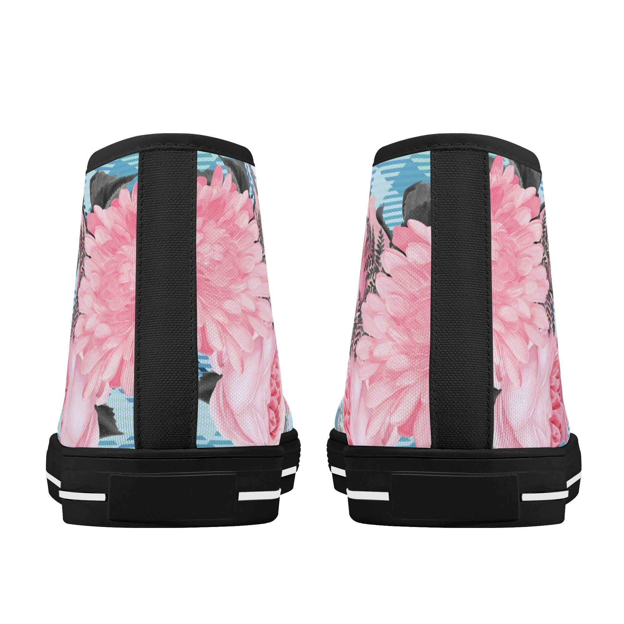 High Tops Sneakers | Middle & High school Students | Unique Aesthetic Pink Flowers on Blue Checks.