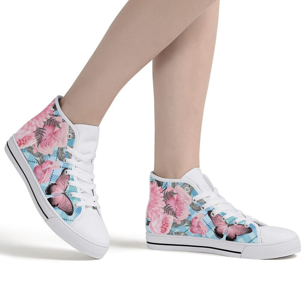 High Tops Sneakers | Middle & High school Students | Unique Aesthetic Pink Flowers on Blue Checks.
