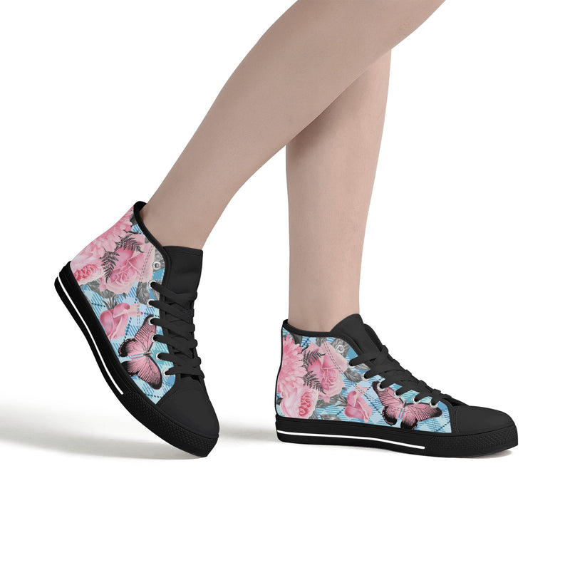 High Tops Sneakers | Middle & High school Students | Unique Aesthetic Pink Flowers on Blue Checks.