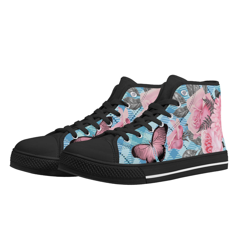 High Tops Sneakers | Middle & High school Students | Unique Aesthetic Pink Flowers on Blue Checks.