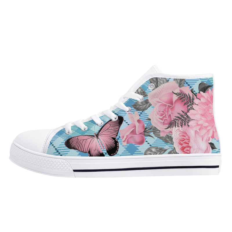 High Tops Sneakers | Middle & High school Students | Unique Aesthetic Pink Flowers on Blue Checks.