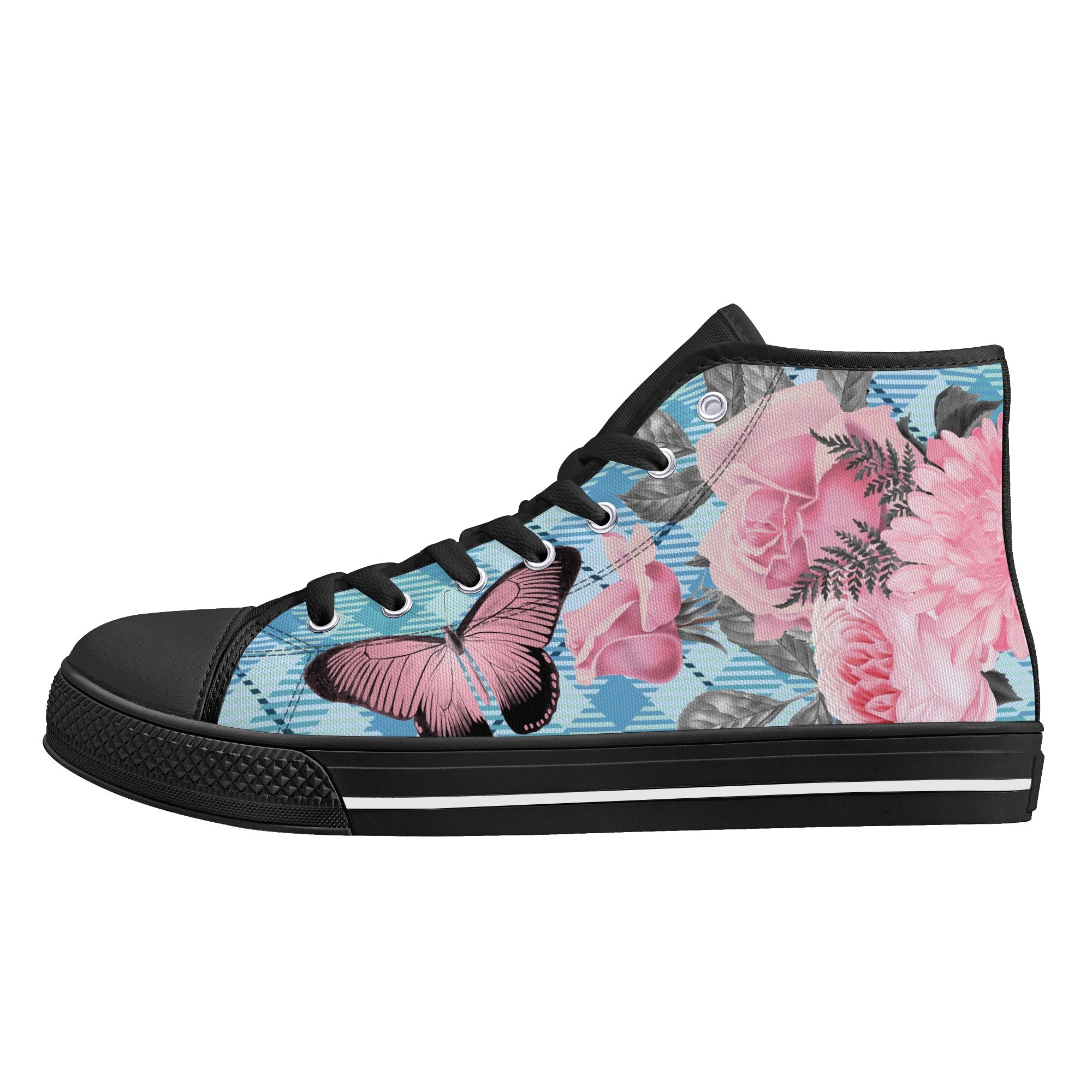 High Tops Sneakers | Middle & High school Students | Unique Aesthetic Pink Flowers on Blue Checks.