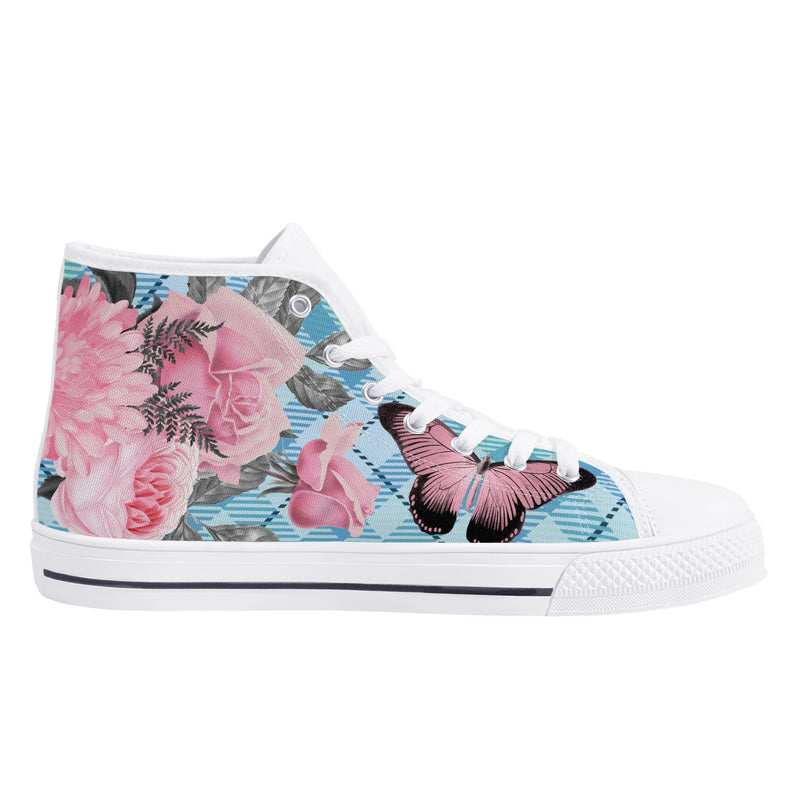 High Tops Sneakers | Middle & High school Students | Unique Aesthetic Pink Flowers on Blue Checks.