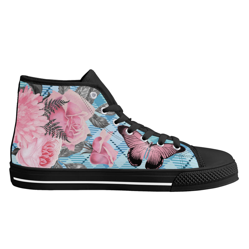 High Tops Sneakers | Middle & High school Students | Unique Aesthetic Pink Flowers on Blue Checks.