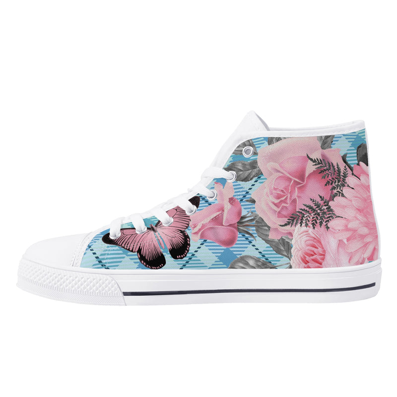 High Tops Sneakers | Middle & High school Students | Unique Aesthetic Pink Flowers on Blue Checks.