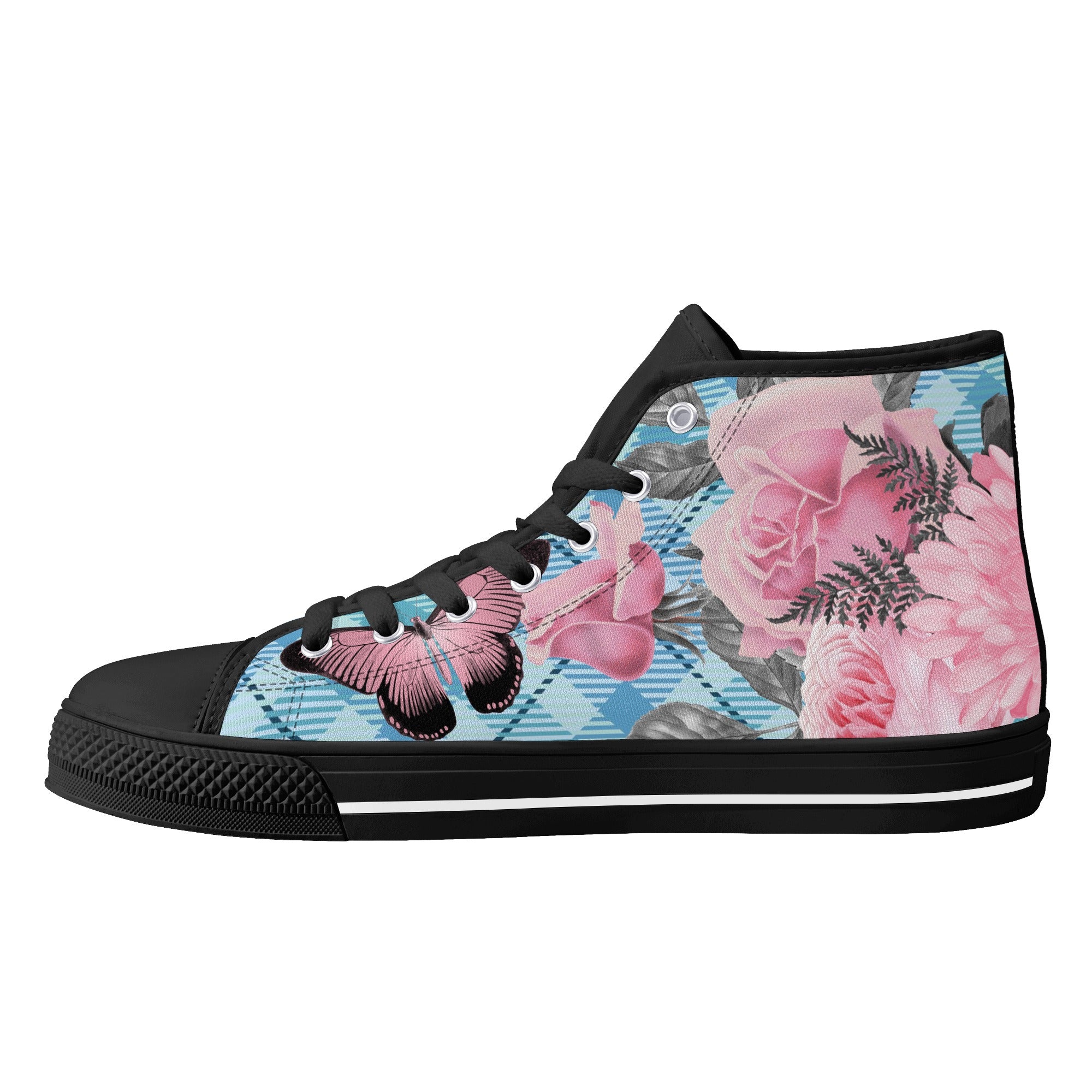 High Tops Sneakers | Middle & High school Students | Unique Aesthetic Pink Flowers on Blue Checks.