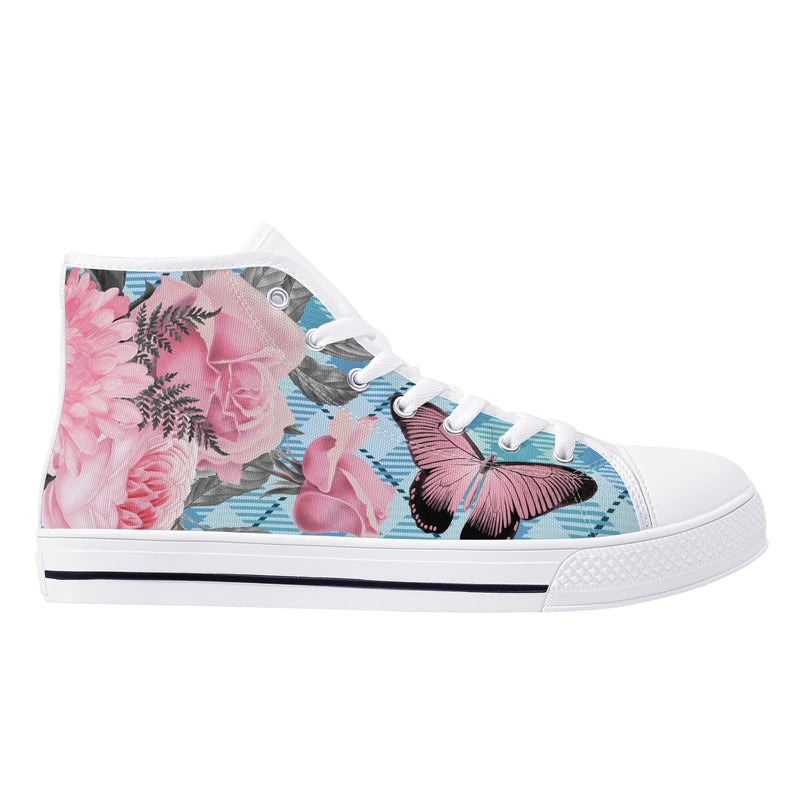 High Tops Sneakers | Middle & High school Students | Unique Aesthetic Pink Flowers on Blue Checks.