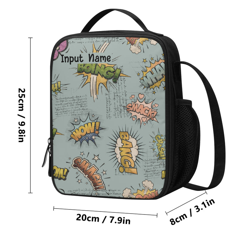 Lunch Bag | All-Over Print | Lunch Box Bag with Bottle Holder | Personalized | Spacious  | Onomatopoeia Pattern