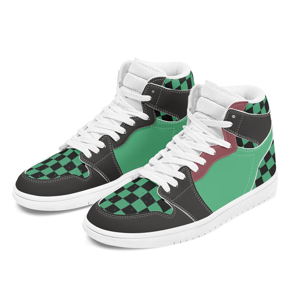 Skate shoe | High Top Sneakers | PU Vegan Leather Skateboarding shoes | Anime Slayer of Demon | Green Black Checkered