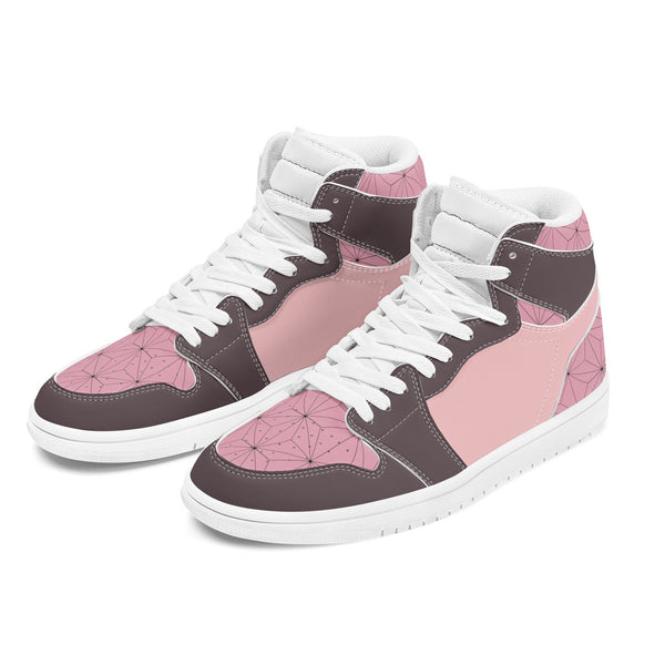 Skate shoe | High Top Sneakers | PU Vegan Leather Skateboarding shoes | Anime Slayer of Demon | Brown Pink Flower