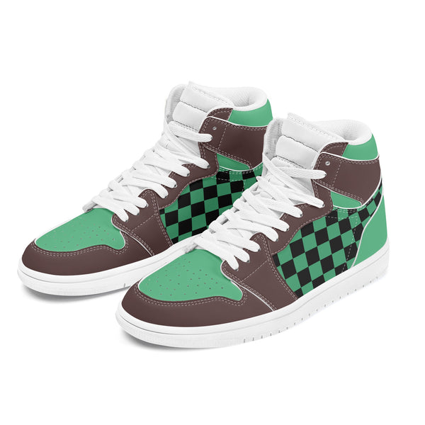Skate shoe | High Top Sneakers | PU Vegan Leather Skateboarding shoes | Black Green Checkered