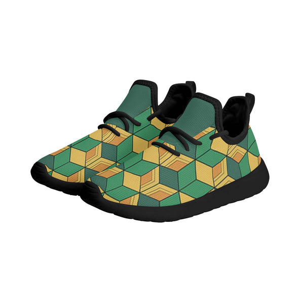Kids Running Shoes | Mesh Knit Sneakers for kids 7-12 | Anime Slayer of Demon | Green Yellow Pattern