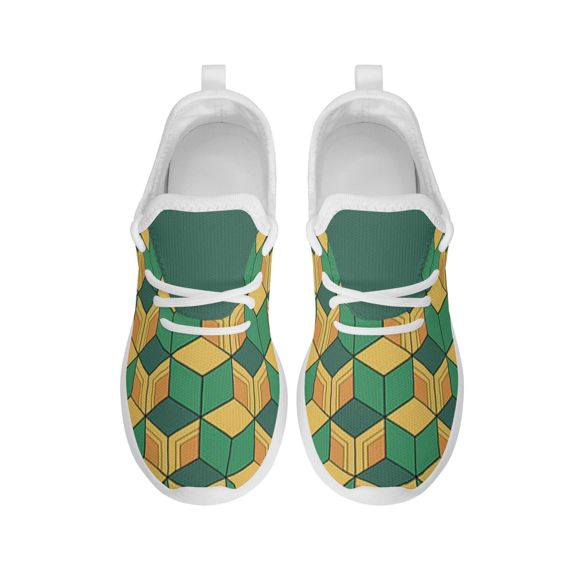 Kids Running Shoes | Mesh Knit Sneakers for kids 7-12 | Anime Slayer of Demon | Green Yellow Pattern