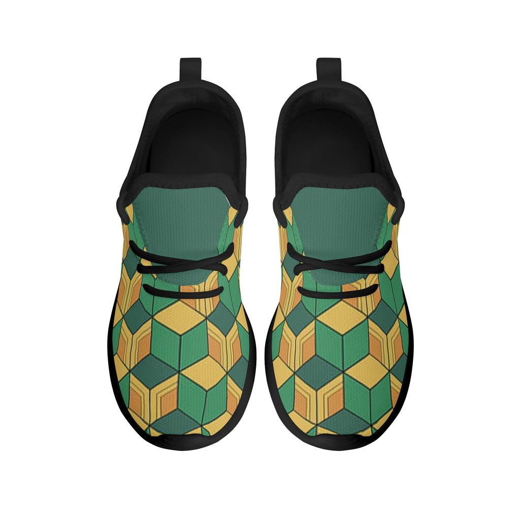 Kids Running Shoes | Mesh Knit Sneakers for kids 7-12 | Anime Slayer of Demon | Green Yellow Pattern