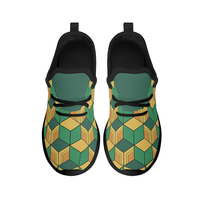 Kids Running Shoes | Mesh Knit Sneakers for kids 7-12 | Anime Slayer of Demon | Green Yellow Pattern